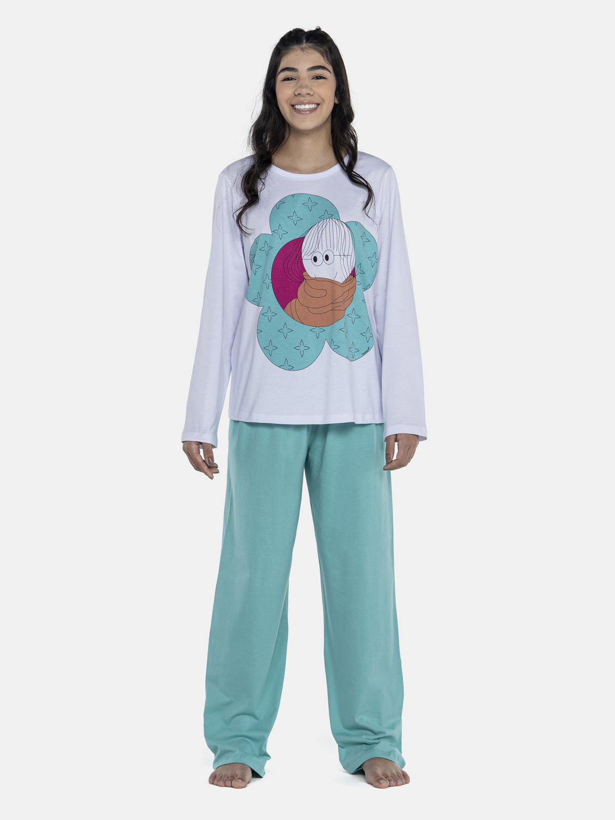 CONJ FEM ADULTO CAMISETE ML CALCA ALG